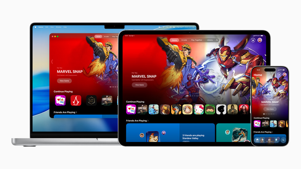 Apple Games s’affichant sur MacBook Pro, iPad et iPhone 16 Pro.
