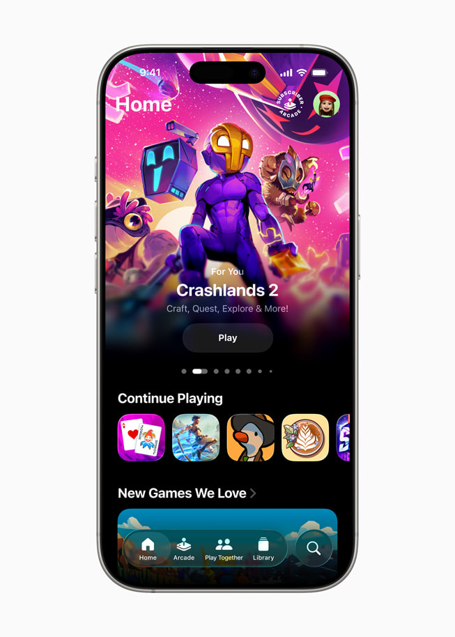 Des recommandations apparaissant à l’onglet Home de l’app Apple Games sur iPhone 16 Pro. 