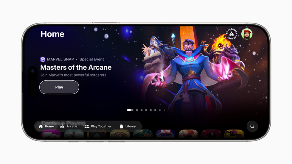 L’onglet Home de l’app Apple Games s’affichant sur iPhone 16 Pro.