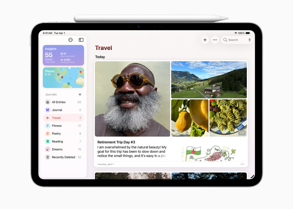 The Journal app is shown on an iPad device with Apple Pencil sitting on top.