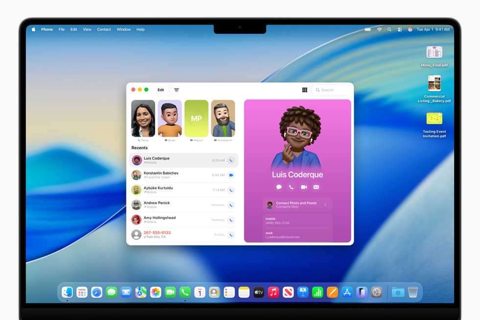 16-inch MacBook Pro shows a list of recent calls in the Phone app.