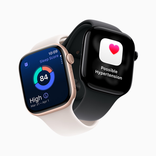 兩隻 Apple Watch Series 11 從不同角度展示全新「睡眠分?jǐn)?shù)」和「高血壓通知」功能。