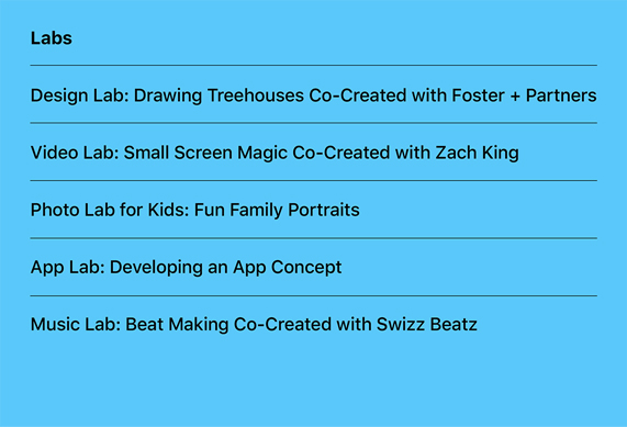 Yeni Today at Apple Laboratuvar etkinliklerinin bir listesi.