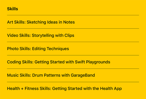 Yeni Today at Apple Ke?if etkinliklerinin bir listesi.