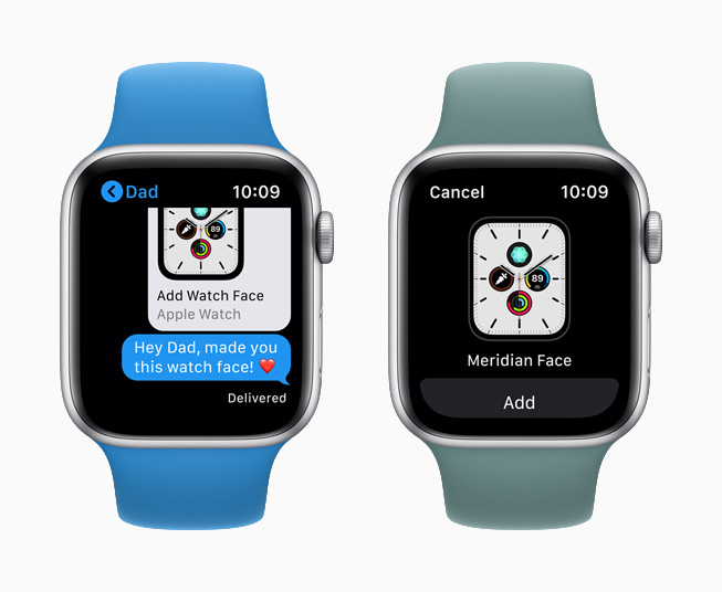 Apple Watch Series 5’te Mesajlar uygulamas?nda payla??lan bir saat kadran? g?rüntüleniyor.