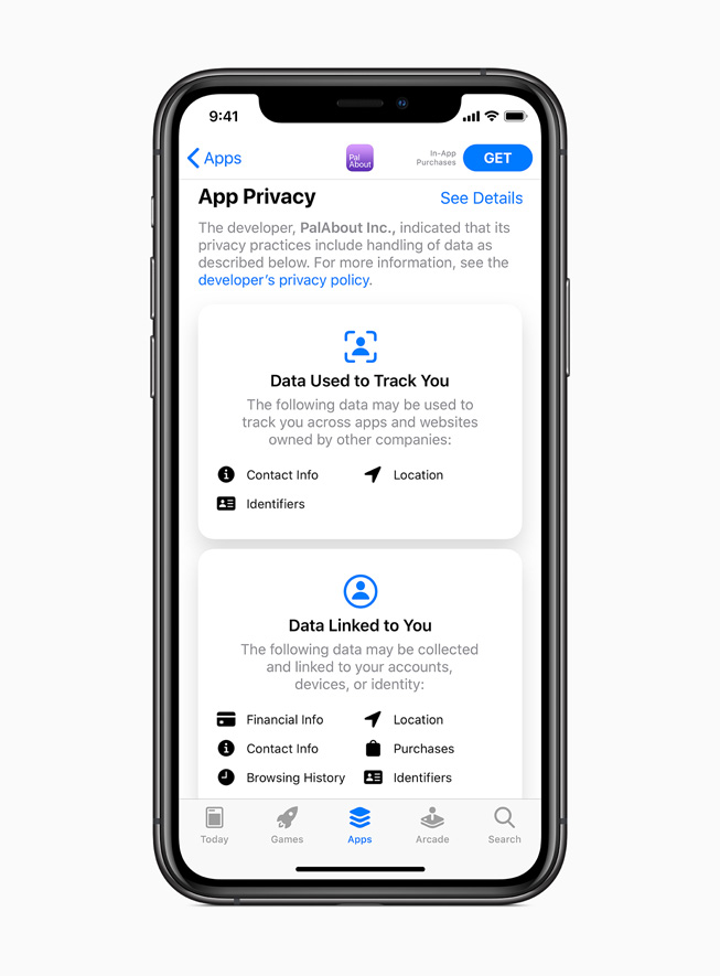 iPhone 11 Pro’da, App Store’daki yeni gizlilik bilgileri g?steriliyor.