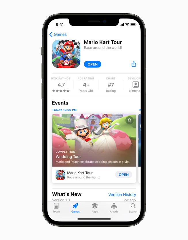 iPhone 12 Pro ekran?nda App Store’da “Mario Kart Tour” g?steriliyor.
