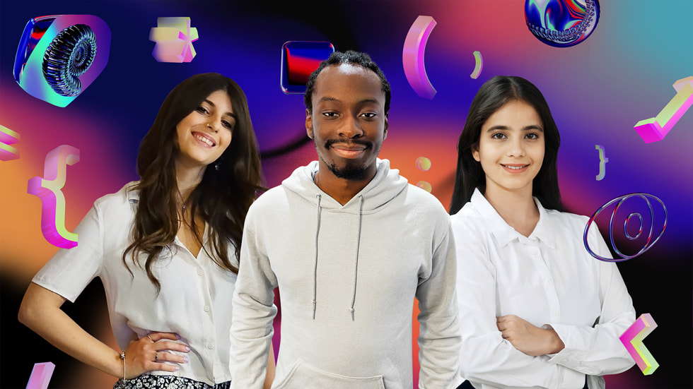 Swift Student Challenge kazananlar?n?n foto?raflar?ndan olu?an kolajda Marta Michelle Caliendo, Yemi Agesin ve Asmi Jain.