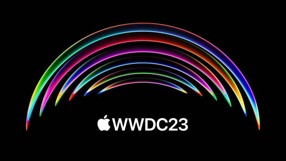 üzerinde WWDC23 yazan Apple logolu siyah bir arka planda metalik bir g?kku?a?? tasar?m?.