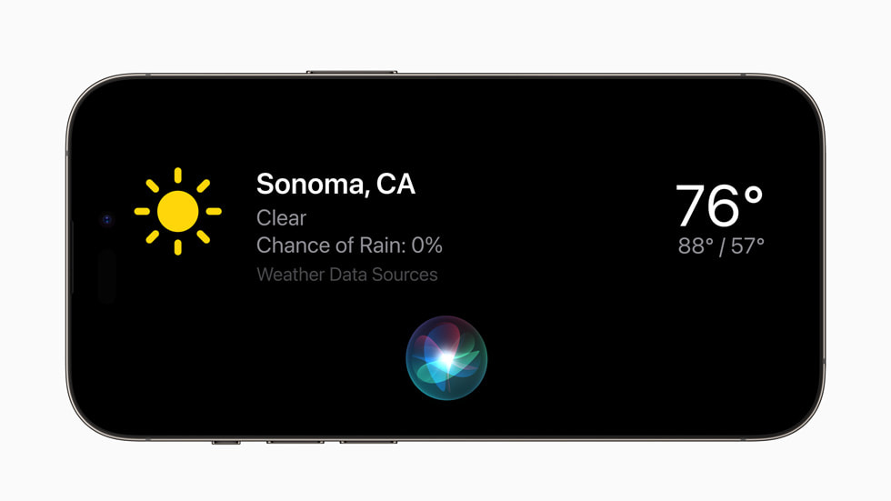 V?i b?n c?p nh?t iOS 17 trên iPhone 14 Pro, ch? ?? StandBy hi?n th? th?i ti?t ? Sonoma, California.
