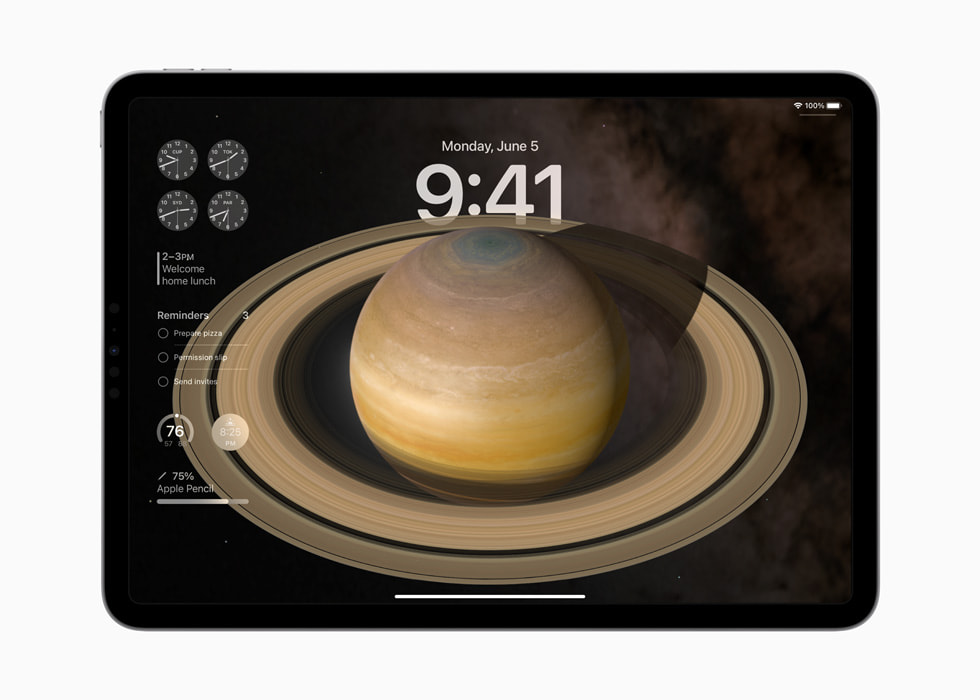 iPad Pro’da Kilit Ekran?’ndaki interaktif ara? tak?mlar? g?steriliyor.