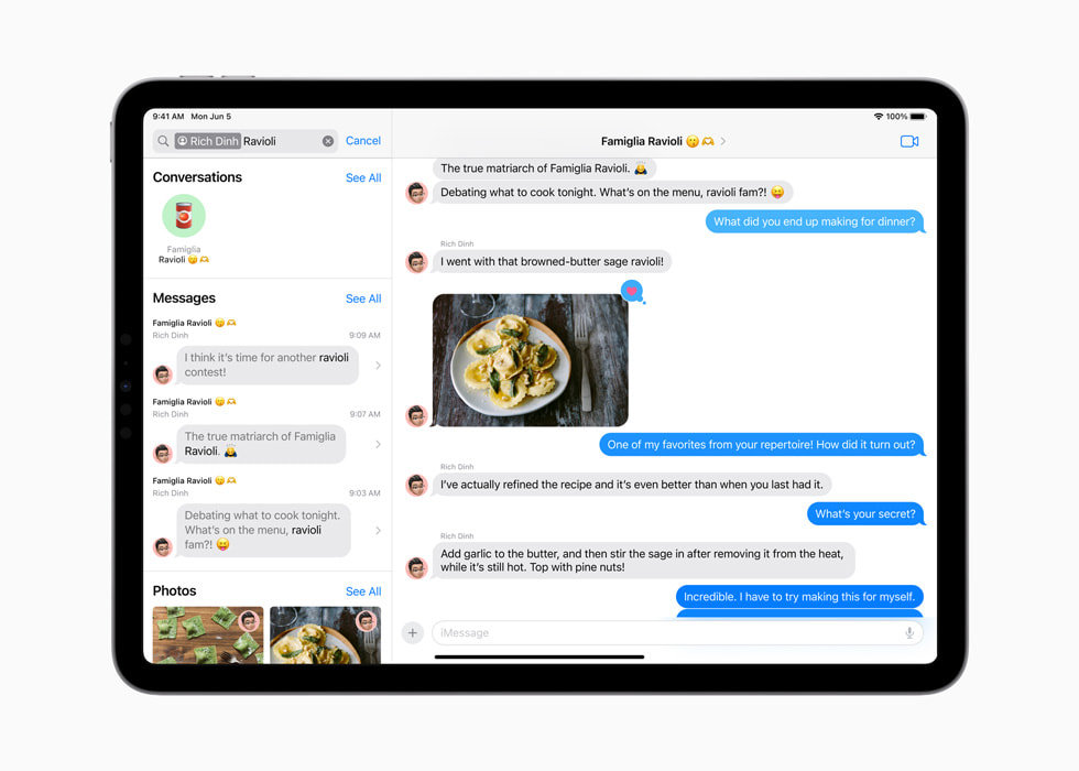 iPad Pro’da Mesajlar uygulamas?nda “Rich Dinh” ad?yla “Ravioli” i?in yap?lan bir arama g?steriliyor.