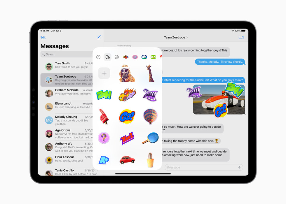 iPad Pro’da Mesajlar uygulamas?ndaki ??kartma koleksiyonu g?steriliyor.
