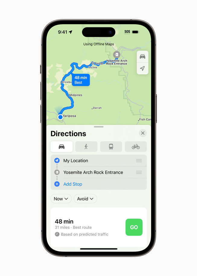 iPhone 14 Pro hi?n th? b?n ?? ngo?i tuy?n ?ang ch? ???ng ??n l?i vào Yosemite Arch Rock.
