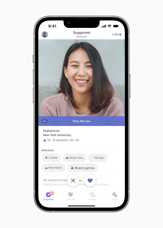 マッチングアプリCoffee Meets Bagelに、1人のユーザーのプロフィールが表示されているところ。