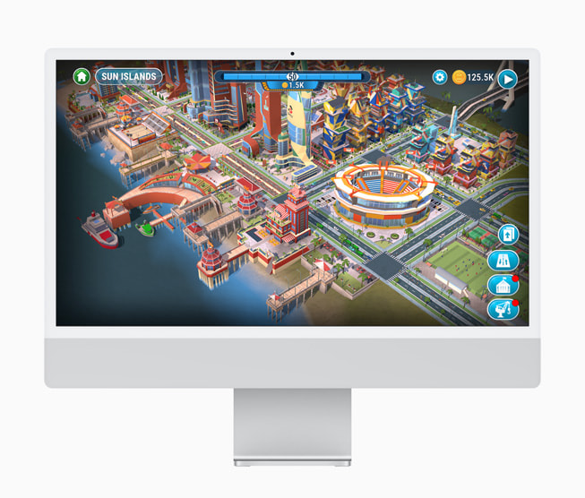 iMac’te Cityscapes: Sim Builder oyununda Sun Island adl? kalabal?k bir sanal ?ehri g?steren bir g?rüntü.