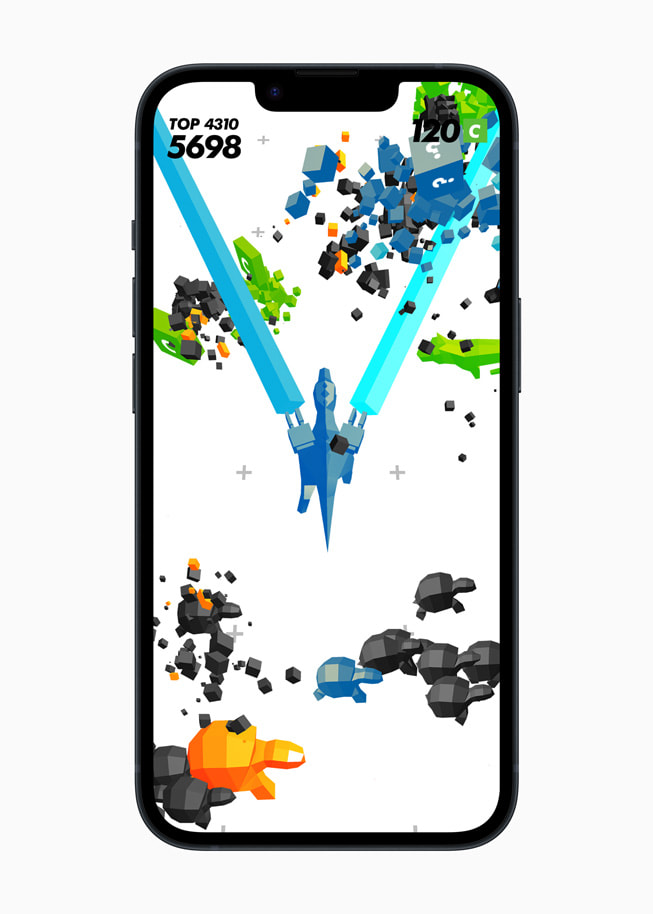 iPhone 14’te, Time Locker+ oyununda uzaydaki engellere ate? eden iki lazeri g?steren bir g?rüntü.