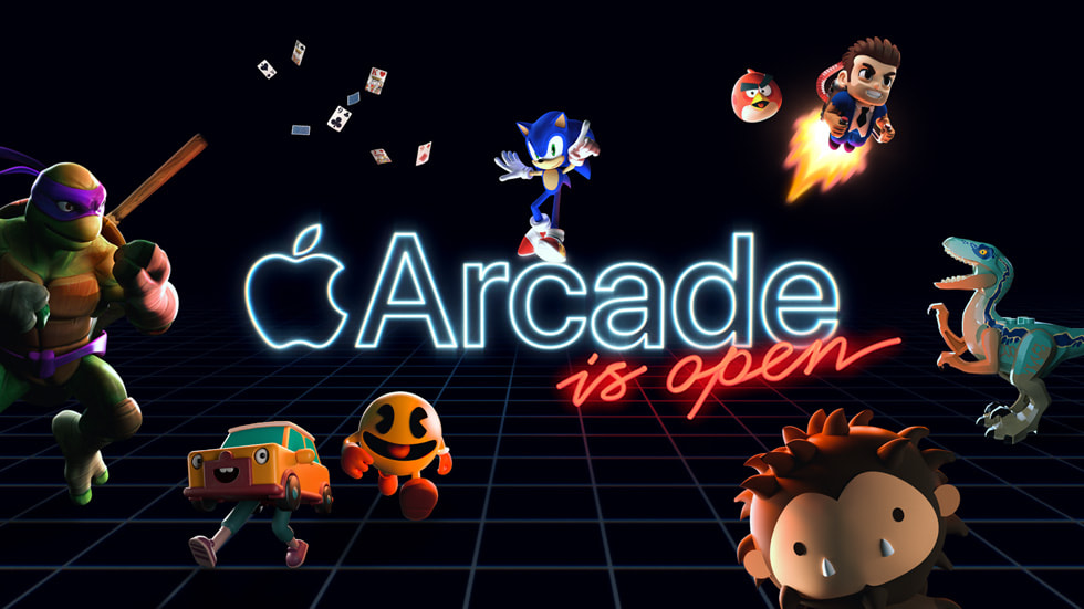 Kirpi Sonic ve Ninja Kaplumba?alardan Donatello gibi karakterlerin bulundu?u grafi?in üzerinde “Apple Arcade a??k” yaz?yor.