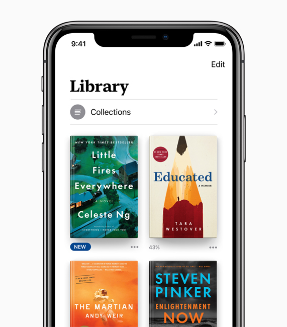 Apple Books’taki Library ekran?nda Celeste Ng’den Little Fires Everwhere ve Tara Westover’dan Educated eserlerini i?eren Koleksiyonlar g?rüntüleniyor.