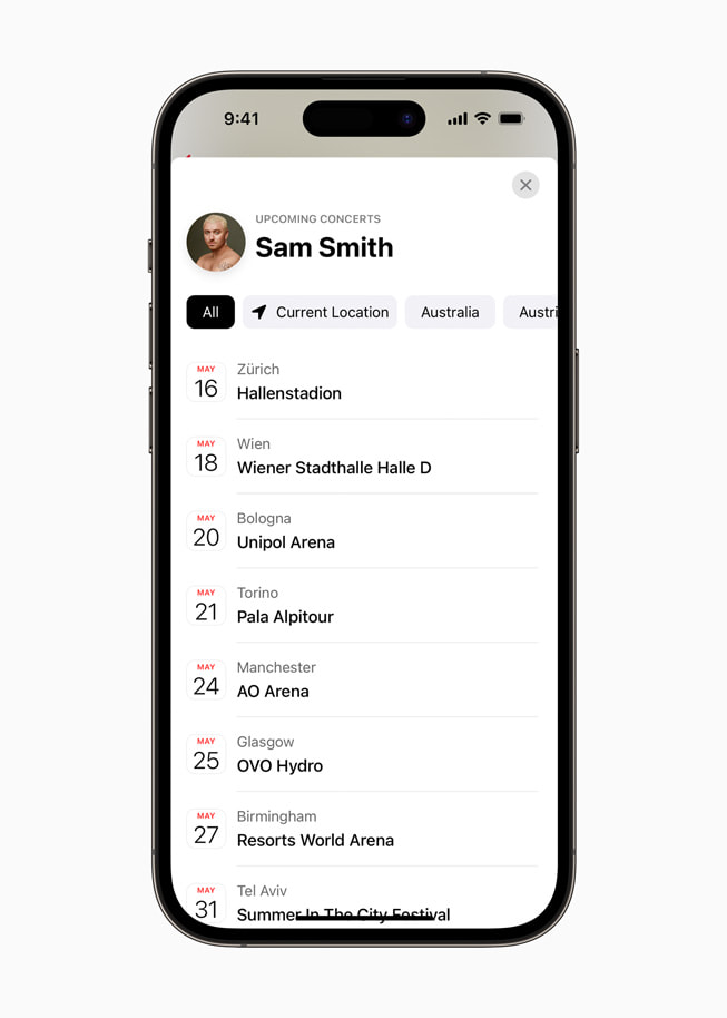 iPhone 14 Pro ekran?nda Apple Music’te ?ark? Listeleri b?lümündeki konser ke?fetme ?zelli?i g?steriliyor.