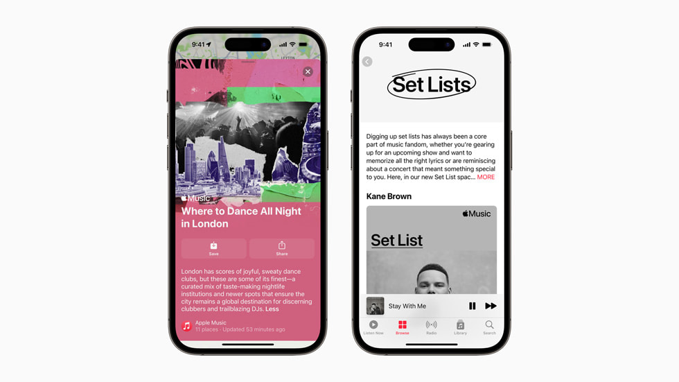 ?ki iPhone 14 Pro ayg?t?nda Apple Music Rehberleri ve ?ark? Listeleri g?steriliyor.