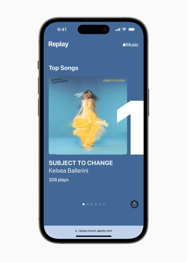 iPhone’daki Apple?Music’in Replay ?zelli?inde bir kullan?c?n?n en ?ok dinledi?i ?ark?lar g?steriliyor.