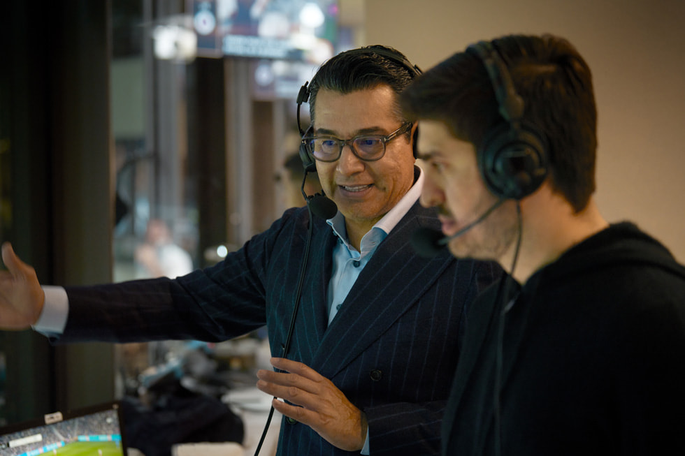 Spanish-language broadcasters Martín Zú?iga (left) and Rodolfo Landeros call the LAFC match against New England Revolution.