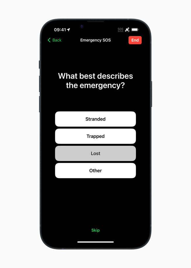 “What best describes the emergency?” short questionnaire prompt on iPhone 14 Plus.