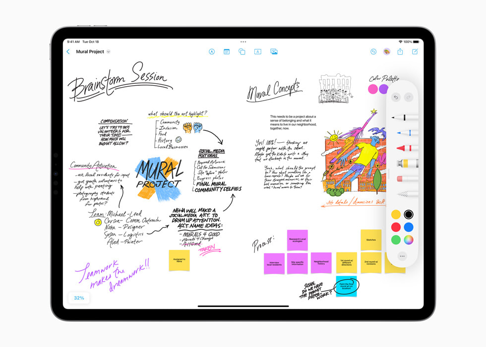 Freeform v?i nh?ng ghi chú trên Scribble và m?t s? c?ng c? v? trên iPad Pro.