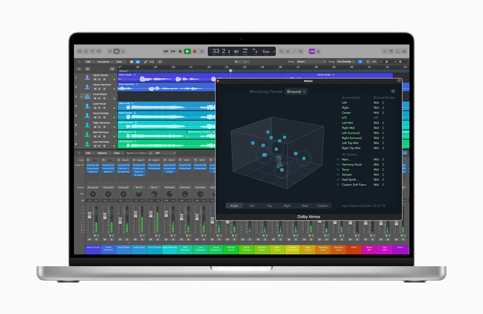 Logic Pro, yeni MacBook Pro’da uzamsal sesle par?a miksaj? yap?yor.