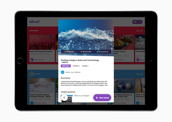 Kahoot! uygulamas?nda bir matematik oyununun ayr?nt?lar?n? g?steren bir iPad.
