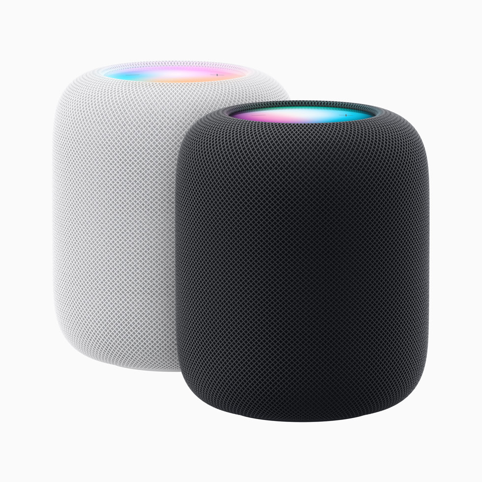 Beyaz arka plan üzerinde iki adet HomePod (2. nesil) ayg?t?.