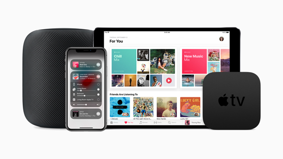 HomePod, iPhone X, iPad ve Apple TV ürün serisi.