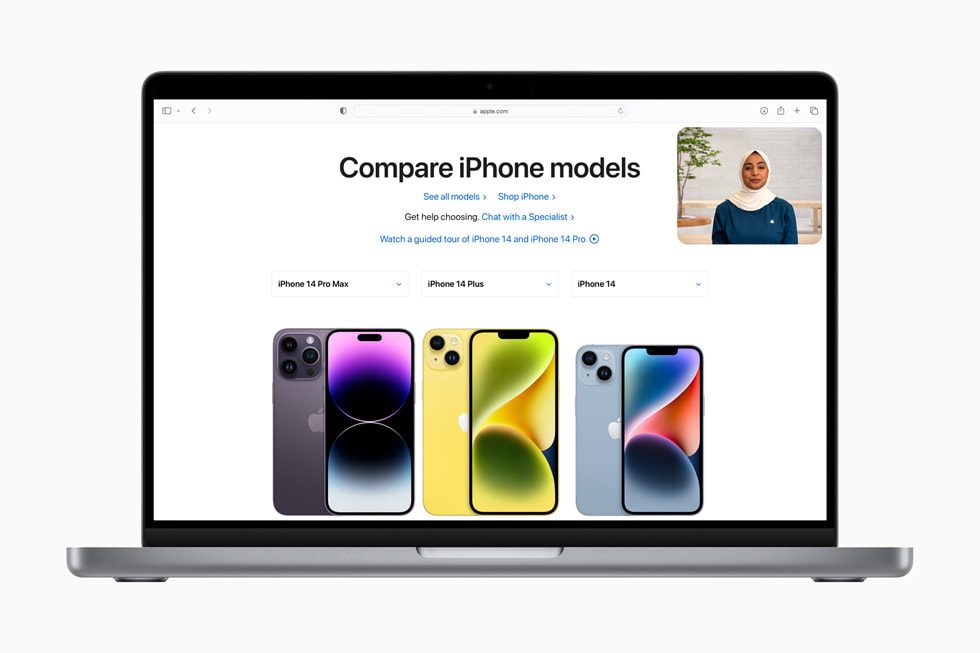 Tr?i nghi?m Mua s?m v?i Chuyên gia qua Video ???c hi?n th? trên trang [apple.com] (http://www.05589.cn) có n?i dung là “So sánh các phiên b?n iPhone” và hi?n th? iPhone 14 Pro Max, iPhone 14 Plus, và iPhone 14.