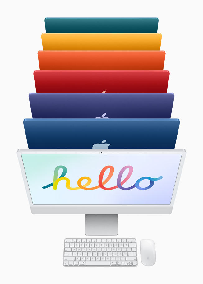 Gümü? rengi iMac ve ayn? renkteki Magic Keyboard ile Magic Mouse, arkas?nda alt? ayr? renkte iMac.