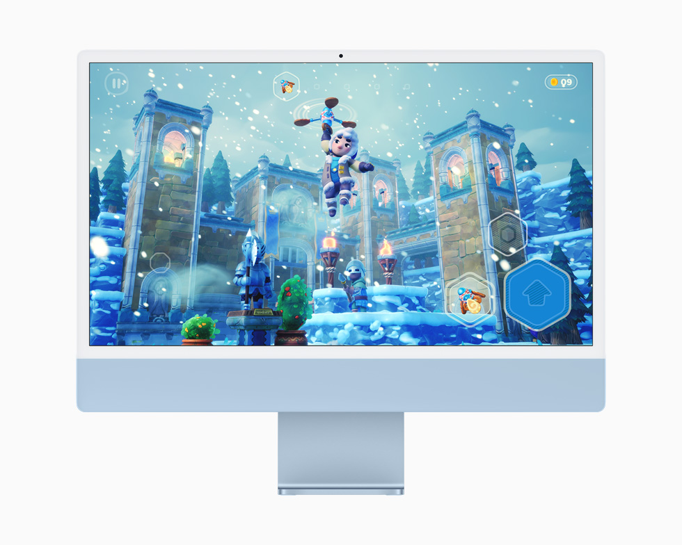 Mavi bir iMac’te, bir Apple Arcade oyunu g?steriliyor.