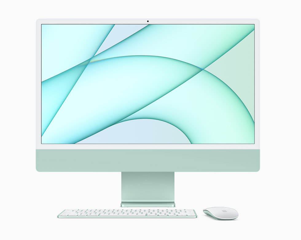 Magic Keyboard ve Magic Mouse ile g?rüntülenen ye?il bir iMac.