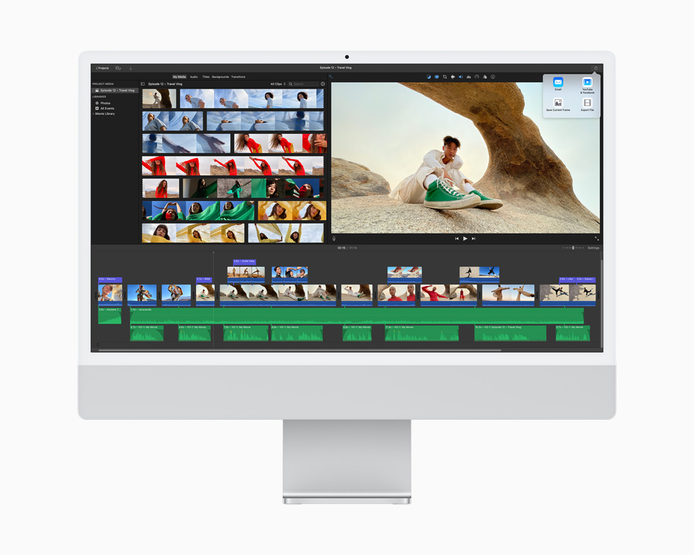 Gümü? rengi bir iMac’te, iMovie uygulamas? kullan?larak kurgulanan bir video projesi g?steriliyor.