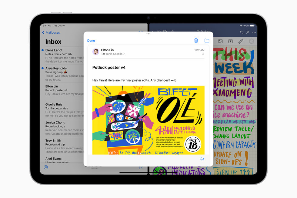 Yeni iPad’deki iPadOS 16’da Split View ?zelli?iyle Mail uygulamas? kullan?l?yor.