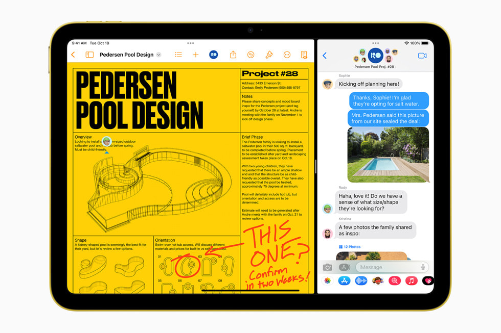 Yeni iPad’deki iPadOS 16’da Split View ve ??aretleme ?zellikleriyle Mesajlar uygulamas? kullan?l?yor.