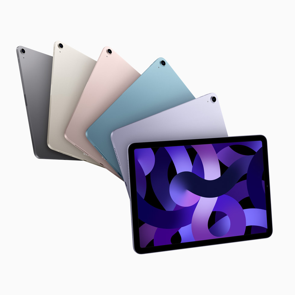 Uzay grisi, y?ld?z ?????, pembe, mavi ve mor renk se?enekleriyle iPad Air.