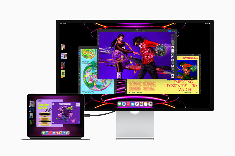 Studio Display’e ba?l? iPad Pro ve Magic Keyboard ile iPadOS 16’daki Sahne Y?neticisi ?zelli?i kullan?l?yor.