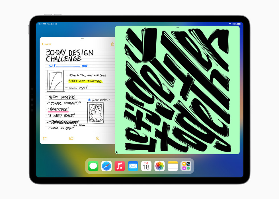 Yeni 12.9?in? iPad?Pro’da iPadOS?16’daki Sahne Y?neticisi’nin kullan?ld??? Notlar ve Foto?raflar uygulamalar? g?steriliyor.