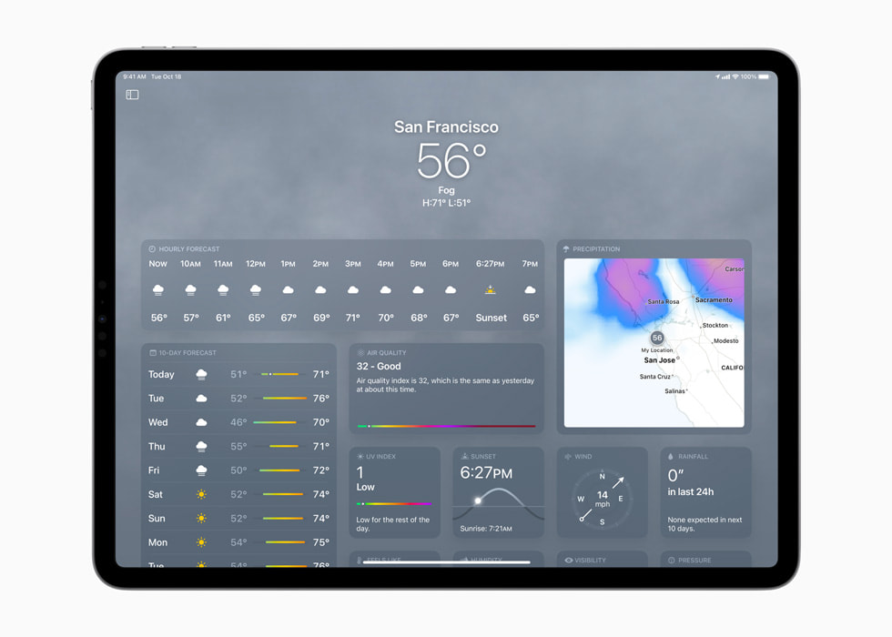 Yeni 12.9?in? iPad?Pro’da iPadOS?16’daki Hava Durumu uygulamas? g?steriliyor.