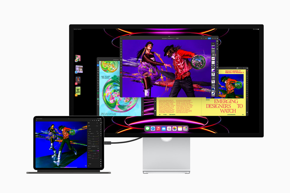 iPadOS?16’daki Sahne Y?neticisi kullan?larak bir Mac?Studio ekrana ba?lanm??, Smart?Folio k?l?fl? yeni 12.9?in? iPad?Pro g?steriliyor.