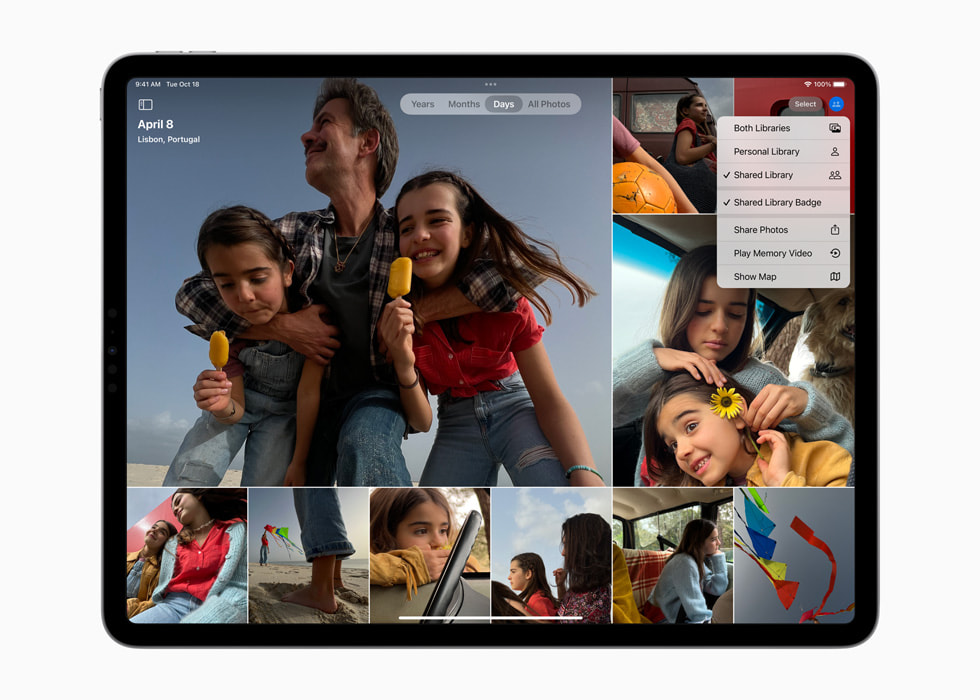 Yeni 12.9?in? iPad?Pro’da iPadOS?16’daki iCloud Payla??lan Foto?raf Ar?ivi’nde yer alan aile foto?raflar? g?steriliyor.