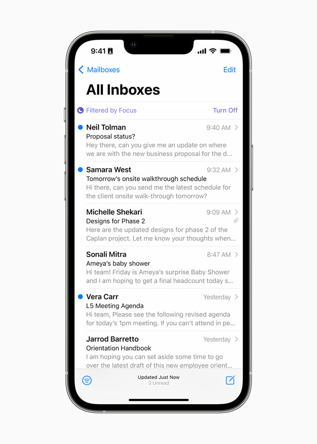 A user’s Mail inbox shows that the user is filtering by Focus.