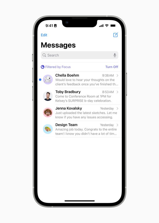 A user’s Messages inbox shows that the user is filtering by Focus.