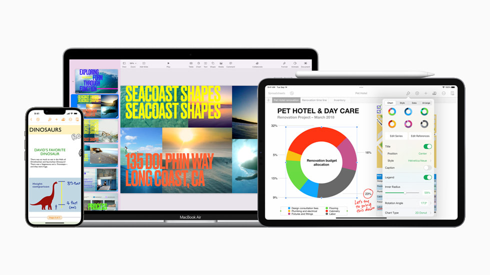 ????? Pages ?????? ????? ??? iPhone?13? ?????? Keynote ????? ??? MacBook?Air? ?????? Numbers ????? ??? iPad.