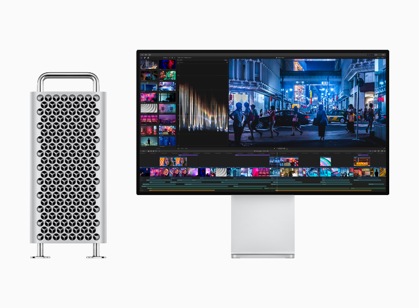 Pro Display XDR’?n yan?ndaki Mac Pro’da video kurgulama i?lemi g?steriliyor.